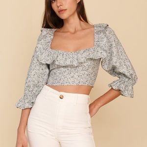 Reformation | edgewater linen top floral crop ruffle sage green 4 S
